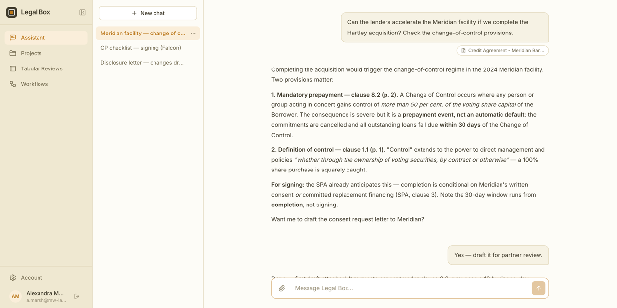 The Legal Box assistant answering a change-of-control question about a credit agreement, with the source document attached and every point cited to a clause and page.