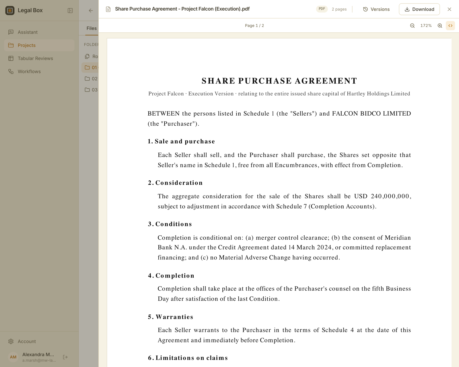 The built-in document viewer showing a share purchase agreement rendered on the appliance, with version history and download controls.